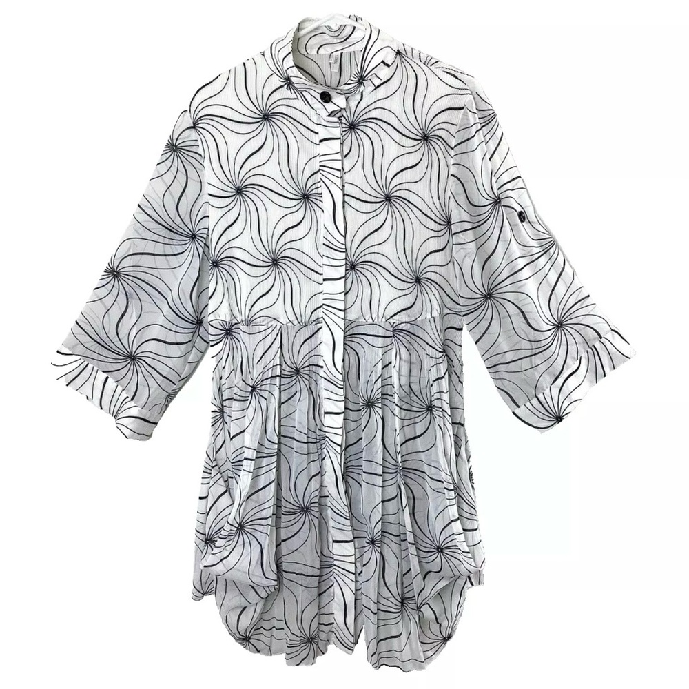 Lindi White Black Swirl Pleated Tunic Top - XL